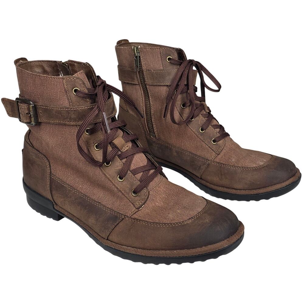 UGG WOMEN’S TULANE SHERPA‑LINED LEATHER BOOTS – BROWN – SIZE 8 – LACE‑UP & ZIP
